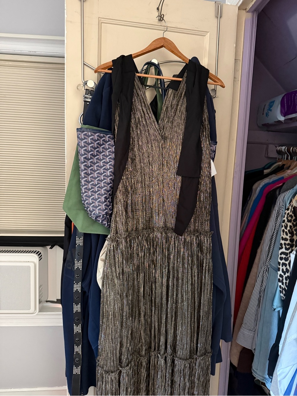 Sabina Musayev Metallic Black and Gold V-Neck Tiered Maxi Dress with Tie Straps